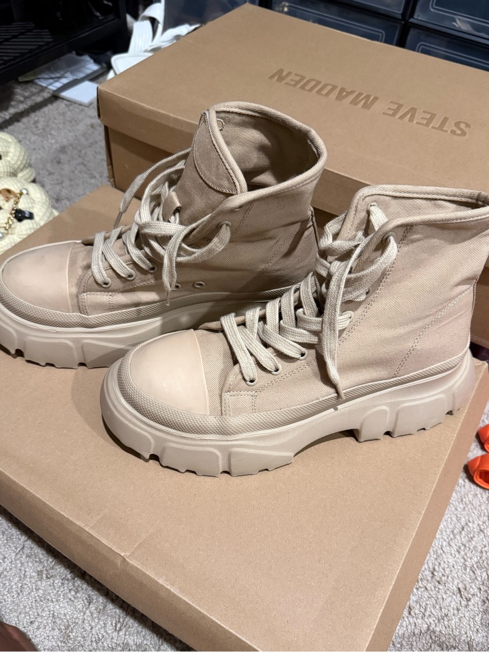 Zara Chunky Platform Combat Boots Beige Canvas Women’s Size 8.5 / EU 39